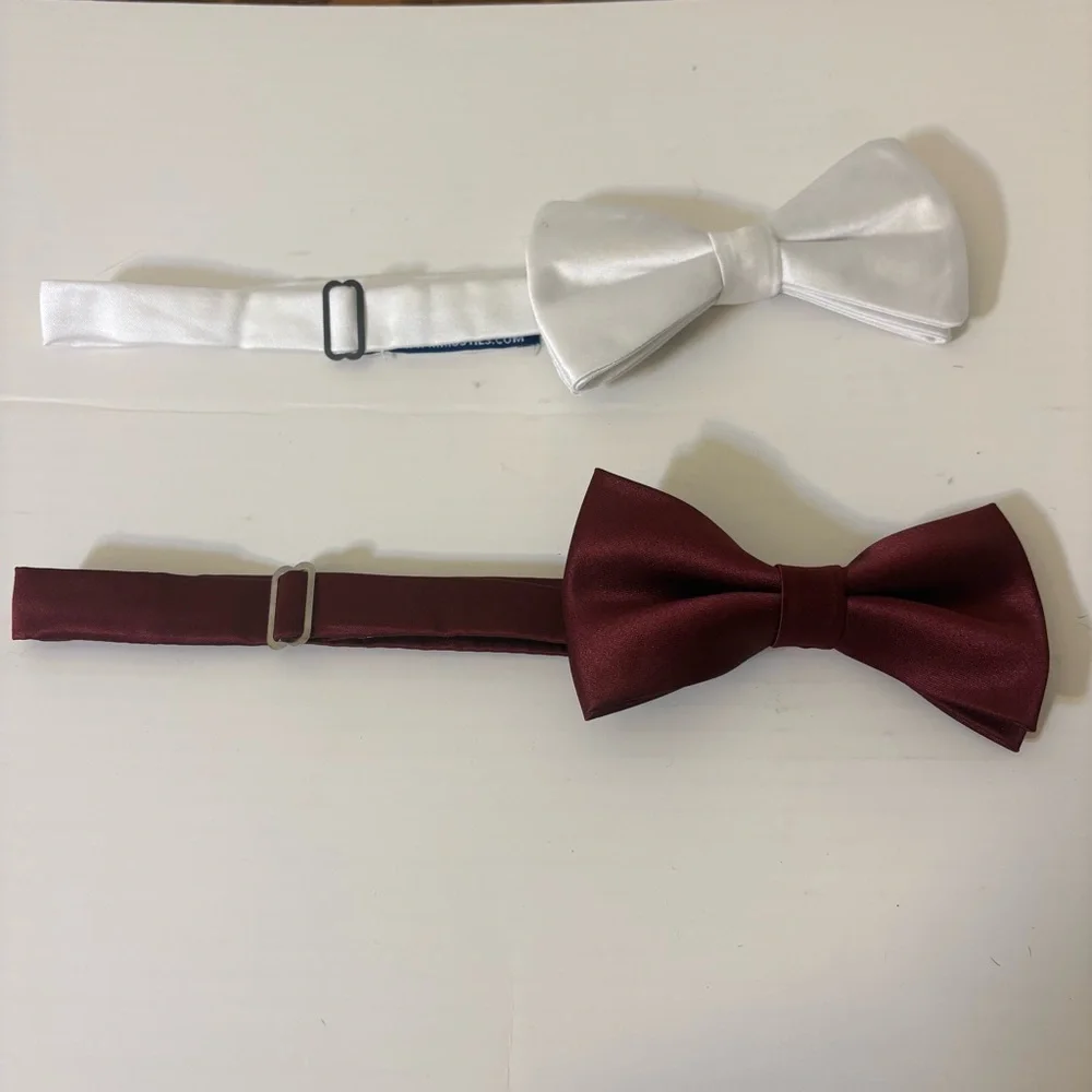 Men's Satin Bow Tie Set White & Burgundy Adjustable One Size Formal Dress